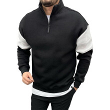 Schwerer Herren-Kapuzenpullover mit Stehkragen und Farbblock-Design – Modischer Langarm-Pullover mit Reißverschluss – Schwarz – Größe L