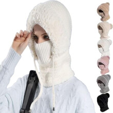 Bonnet 3 en 1 pour femme, bonnet d'hiver thermique à capuche doublé polaire, cache-cou et protection faciale combinés