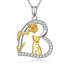 CHIC & ARTSY Dog Mom Necklace - Sterling Silver Rose Flower Dog Pendant with Heart - Two-Tone Gold Plated for Women, Moms, Wives, Daughters