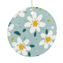 White Daisy & Wildflower Ceramic Christmas Tree Ornament, Blue & White Summer Design, Compatible with Standard Tree Hooks