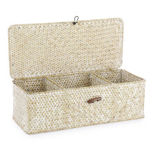 Seagrass 3-Section Storage Basket with Lid – Hand-Woven Wicker, Whitewash, Compatible with Bathroom & Toilet Tank