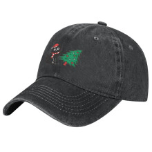 Unisex Retro Washed Christmas Hat,Black Cat Christmas Tree,Adjustable Sun Hat,Perfect For Christmas New Year Celebrations
