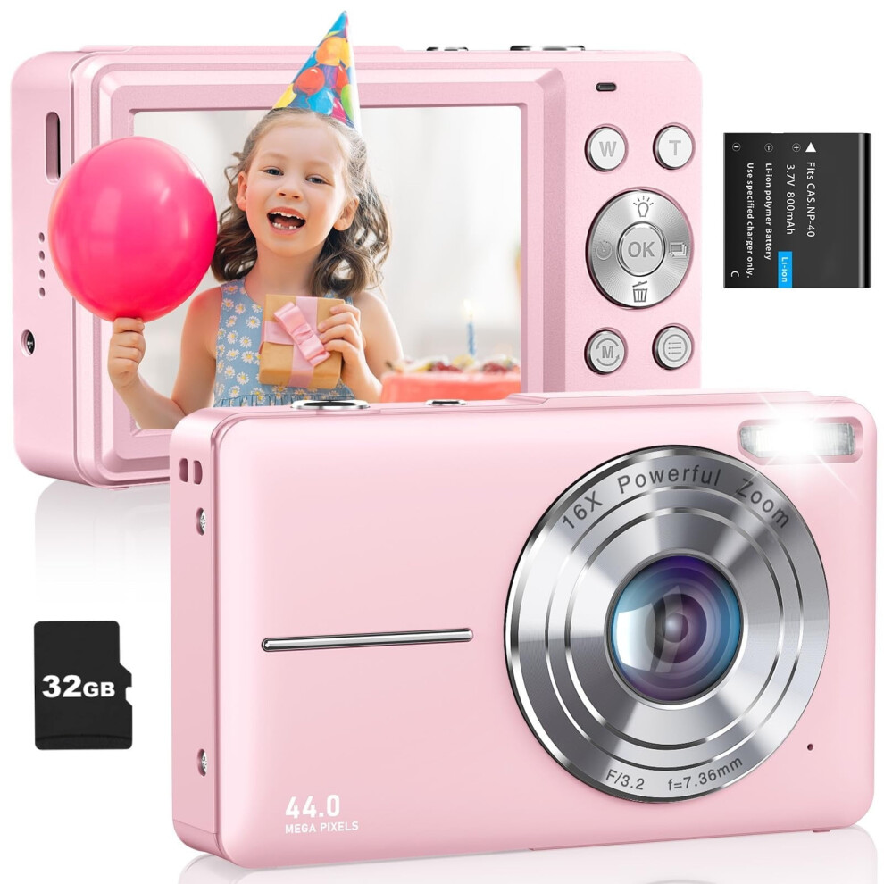 Kids Digital Camera (44Mp Fhd 1080P) - Compact Point-And- With 32Gb Card & 16X Zoom (Pink) Pink 9464372737581