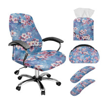 5-Pc Office Chair Cover Set w/ Stretch Slipcover, Armrest Covers, PU Leather Remote Holder & Tissue Organizer, Cherry Blossom Blue Print, S