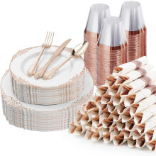 350PCS Rose Gold Plastic Plates Set for 50 Guests: Plates, Silverware, Cups, Napkins – Graduation Party Compatible