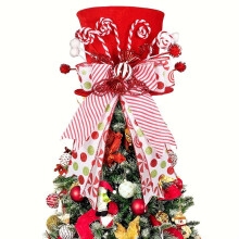 Large Red Christmas Tree Topper with Peppermint Bow – Holiday Tree Finial Decor for Home, Mantel, Fireplace & Tabletop