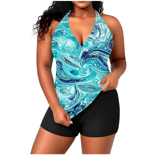 Women's plus size halter neck two-piece swimsuit set with 1