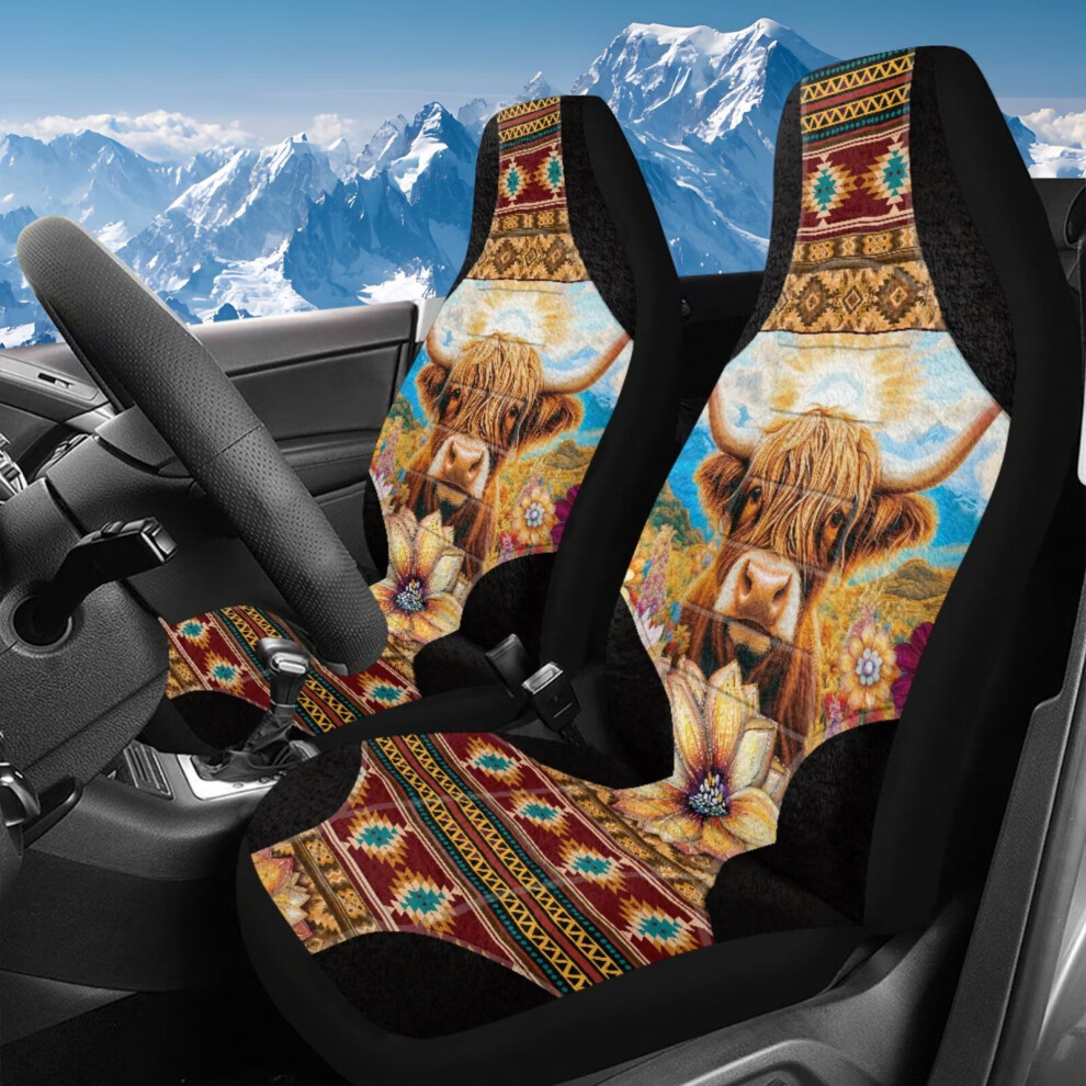 Highland Cow Aztec Car Seat Covers (2Pc), High-Back Heavy-Duty, Soft Plush, Elastic Back, Compatible With Most Vehicles Coral 9327961874107