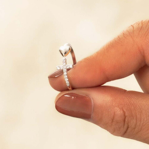 Sterling Silver Cross and Heart Ring 925 Adjustable 1