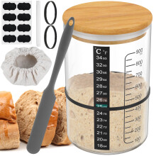 9-Pc Sourdough Starter Kit: 900ml Wide-Mouth Glass Jar, Lid, Spatula, Tape, Temp Paper – Reusable Fermentation Jar for Baking