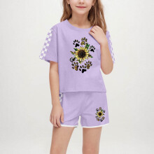 Girls' Sunflower & Checkered Sleeve Outfit Set - Summer Casual Two-Piece Shorts & Top, Soft Print Toddler Girls Outfit Setsfor Ages 5-14, Purple