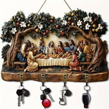 Leutsin Wooden Key Holder – Jesus Communion Wall Art with 4 Hooks, Christian Autumn Decor, Religious Welcome Sign, Compatible with Home Entryway