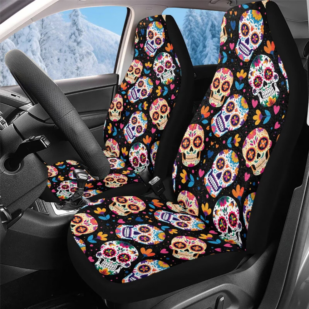 Sugar Skull Front Seat Covers, Velvet, Washable, 2-Pc, Compatible With Most Cars, Suvs & Trucks Coral 9327961874565