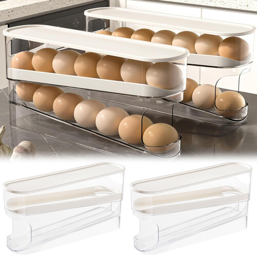 Clearance! Auto Rolling Egg Storage Box for Fridge – Space-Saving Dispenser with Lid, Compatible with Refrigerators 1