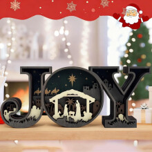 Wooden Nativity Ornament with JOY Design – LED Lighted Christmas Decor, 9x3.7", Compatible with Holiday Table & Indoor Displays