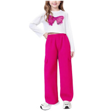 Hot Pink Girls Matching Set | 2 Piece Outfit with Long Sleeve Cropped Top & Wide Leg Cargo Pants | Play Clothes Elastic Waist Bow Detail,Size 5-6 T