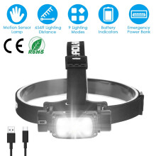 Rechargeable LED Headlamp Super Bright Motion Sensor Head Lamp Hand-Wave Headlight Phone Charging Headlight Flashlight with 9 Lighting Modes Black