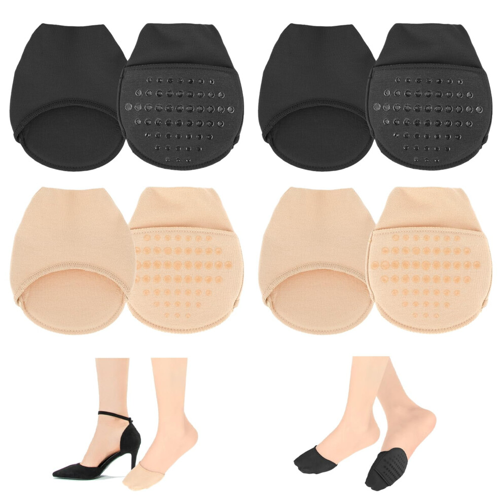 Beige/Black 4 Pairs Ball Of Foot Cushion Socks, Women's Toe Cover With Padding, Toe Topper Socks, No Show Liner Socks For Women And Girls ( And Black)