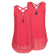 Tanktop voor dames, losse mouwloze tanktop met gekruiste bandjes op de rug en V-hals, T-shirt, top, rood + XXL