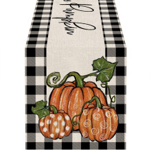 Maple Leaves & Pumpkins Table Runner, Fall Harvest Decor, Buffalo Plaid Truck Design, 13"x108", Indoor/Outdoor, Thanksgiving Compatible