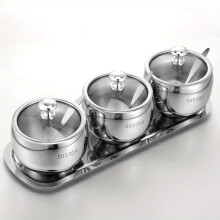 3-Grid 304 Stainless Steel Seasoning Containers Set with Lids, Spoon & Tray – Compatible with Salt, Sugar, Pepper, Spices