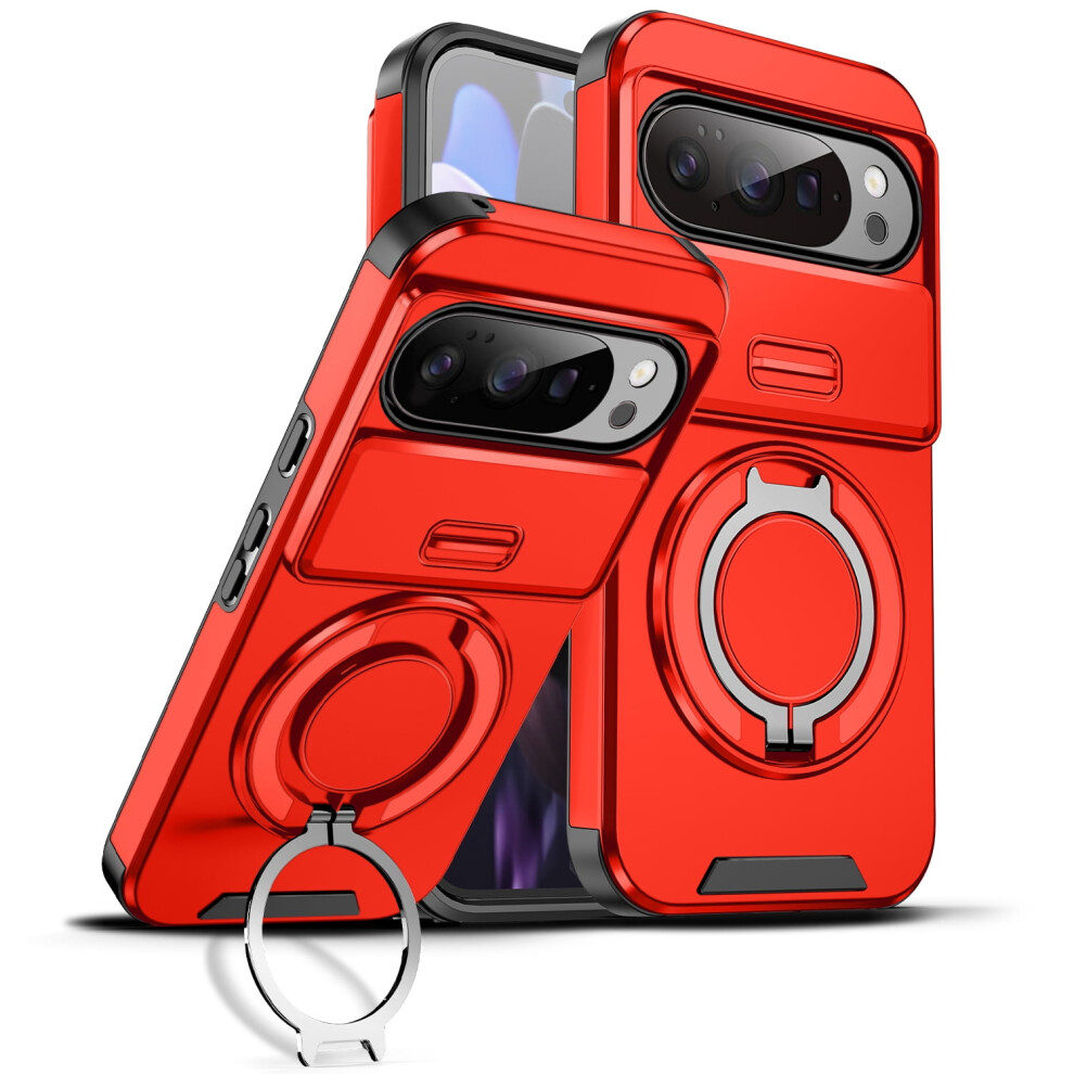 Google Pixel 10/10 Pro 2025 Case: Magsafe-Compatible, Ring Grip, Kickstand, Slide Camera Cover, Rugged Shockproof Â Red 9170372320813