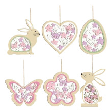 6 adornos de madera para Pascua: conejito, flor, mariposa, huevo y corazón recortados para árbol, pared y manualidades de primavera (compatibles