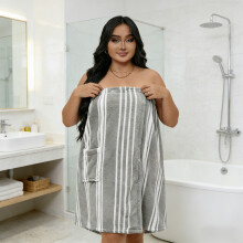 Plus Size Striped Coral Fleece Wearable Bath Towel Skirt, Soft Absorbent Wrap for Women 110-200 lbs, Spa Bathrobe with Snaps & Pocket, Gray