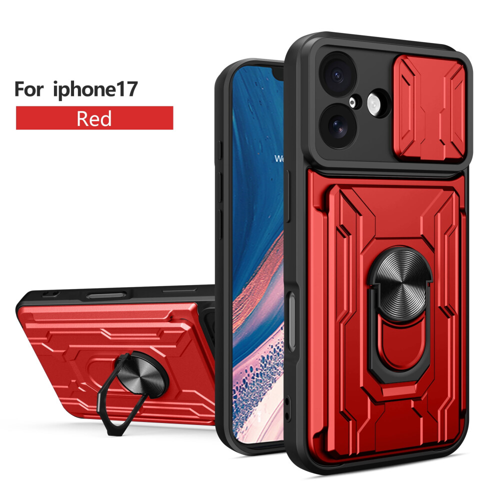 Iphone 17 Case With Card Holder, Slide Lens Cover, Shockproof Dual-Layer Protection & Ring Kickstand Â Red 9170372320370