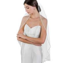 Wedding Veil Pearls and Crystals Beaded Edge 1 Tier Fingertip Length Bridal Veil