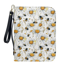 Daisy Flower Bee PU Leather Bible Cover for Women & Men, Portable Protective Carrier with Detachable Wristlet Strap – XL, Compatible with Standard