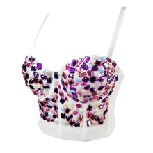 Women's Rhinestone Bustier Crop Top Club Party Glitter Corset Top Bra White L