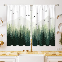 Green Misty Forest Small Kitchen Curtains, Nature Theme, Rod Pocket, 27.5x39", for Bathroom/Dining/Laundry Room