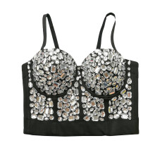 Women's Rhinestone Bustier Crop Top Club Party Glitter Corset Top Bra Silver L