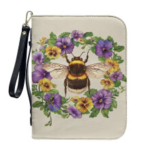 Pansy Flower Bee Faux Leather Bible Cover – Lightweight Tote with Detachable Wristlet Strap, Compatible with XL Bibles
