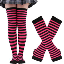 1 Set Womens Striped Knee High Socks Long Knitted Arm Warmers Fingerless Gloves for Halloween Costume (Socks+Gloves)