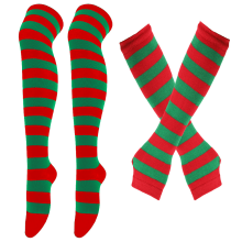 1 Set Womens Striped Knee High Socks Long Knitted Arm Warmers Fingerless Gloves for Halloween Costume (Socks+Gloves)
