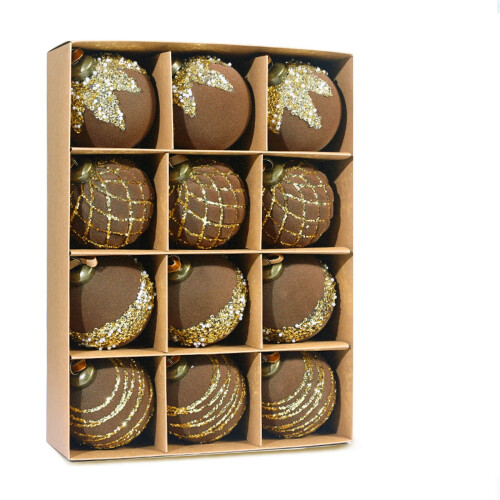 Christmas Ball Ornaments Brown Flocked 12pcs