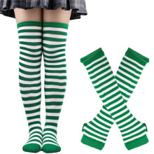 1 Set Womens Striped Knee High Socks Long Knitted Arm Warmers Fingerless Gloves for Halloween Costume (Socks+Gloves)