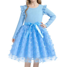 Girls Dress Long Sleeve Round Neck with 3D Butterfly and Mesh Sweet and Princess Style