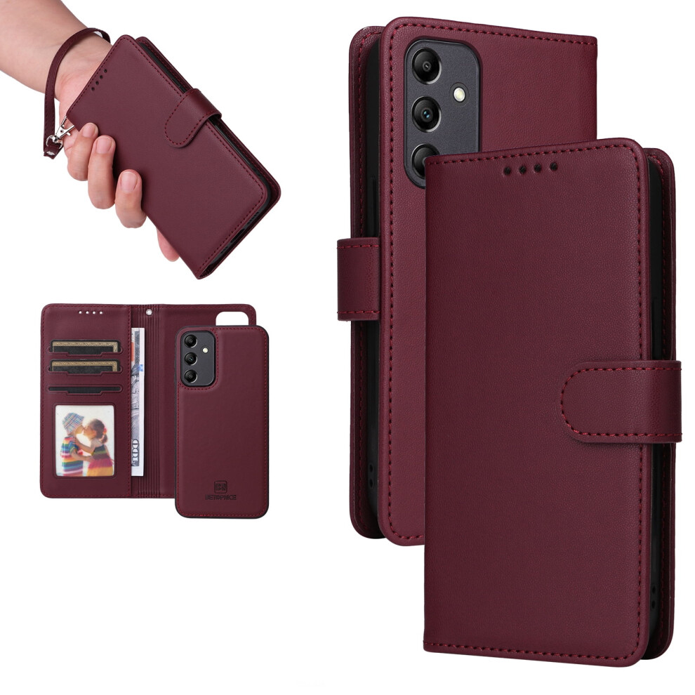 Detachable 2-In-1 Wallet Case For Samsung Galaxy A25 5G Â Magnetic Leather Card Slots, Shockproof Rubber Mag-Safe Cover With Wrist Strap, Winered 9377112615912