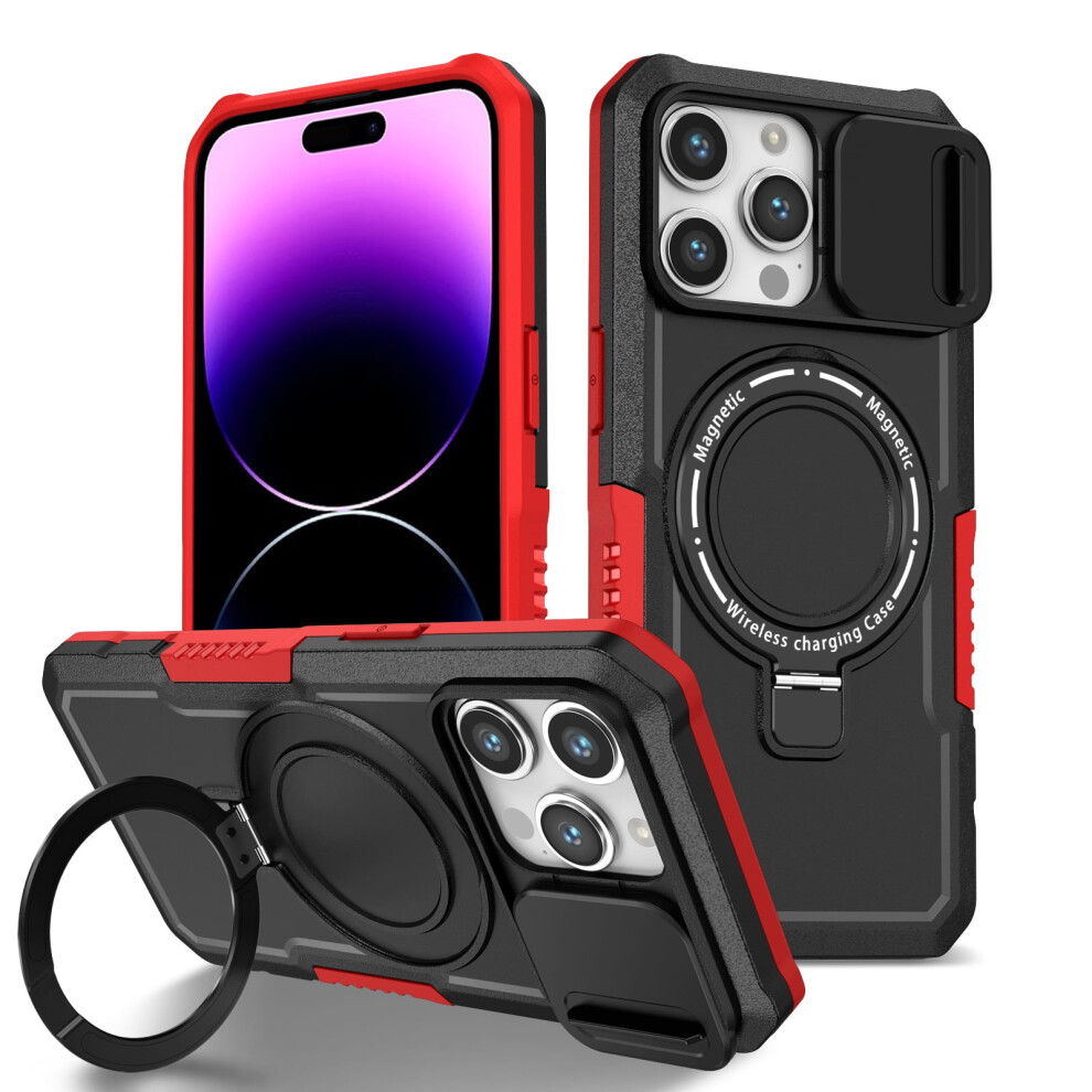 Tech Circle Case For Iphone 15 Pro (6.1") – Sliding Camera Cover, Magsafe Compatible, Shockproof, Kickstand & Ring Holder, Red/Black 9377112614847
