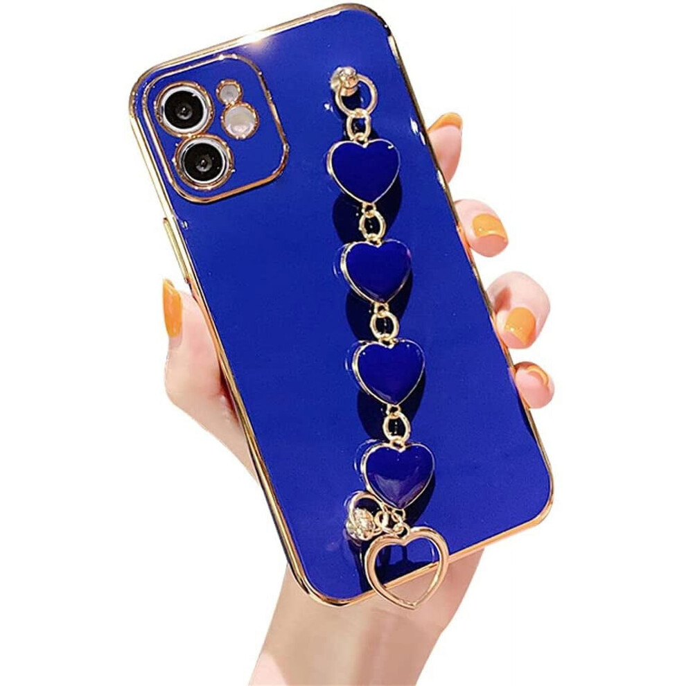 Gold Electroplated Outline Tpu Phone Case + Hearts Chain, Compatible With Iphone 12 Â Blue, Scratch-Resistant & Shockproof Blue,Gold 9027700620841