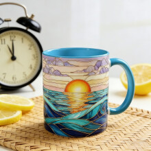Stained Glass Sunset Mountain Mug – Heat-Resistant Glass Coffee Cup, Scenic Design, Unique Home/Office Gift, Compatible with Dishwashers