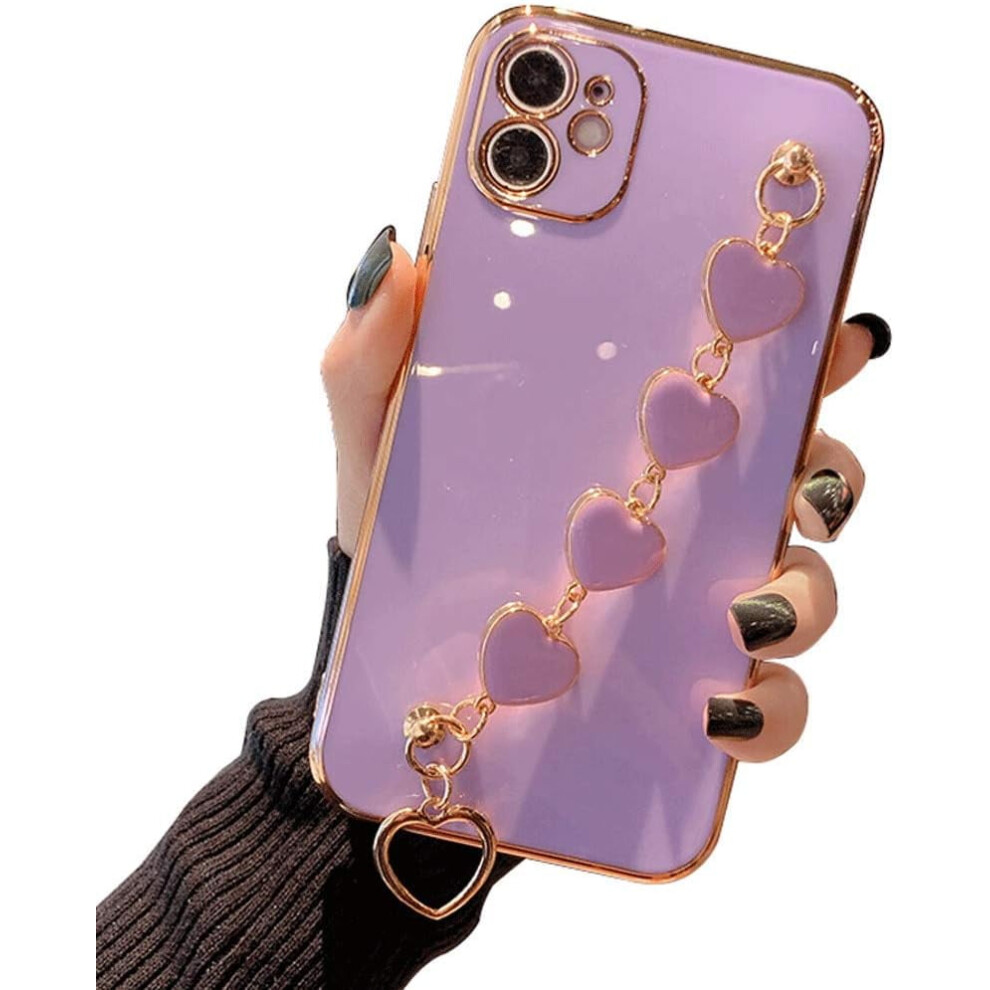 Gold Electroplated Outline Tpu Phone Case With Hearts Chain, Compatible With Iphone 11 Â Purple, Scratch-Resistant & Shockproof Gold,Purple 9027700617131