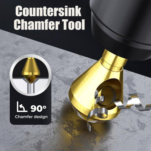 Titanium-Coated 90 Countersink Chamfer Tool Set (4 pcs), HSS Deburring Bits for Wood, Metal, Plastic, PVC 1