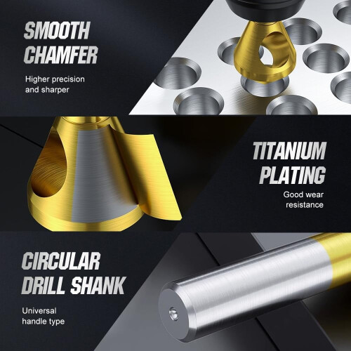 Titanium-Coated 90 Countersink Chamfer Tool Set (4 pcs), HSS Deburring Bits for Wood, Metal, Plastic, PVC 2