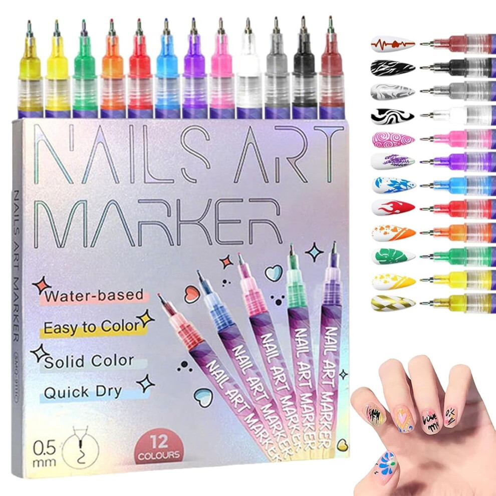 Waterproof Nail Art Pen Set, 12 Colors, 0.5mm Fine Tip, Quick-Drying â Salon-Worthy 3D Nail Art at Home (1pc)