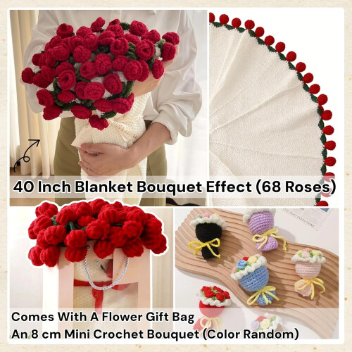 Knitted Rose Flower Blanket Handmade Crochet Throw 1