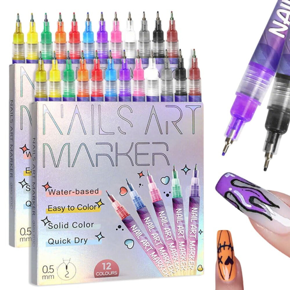 Acrylic Paint Pen for Nail Painting, 12 Colors Nail Art Pens Set, 3D Nail Art Marker Pens with Drawing, Painting & Liner Tips
